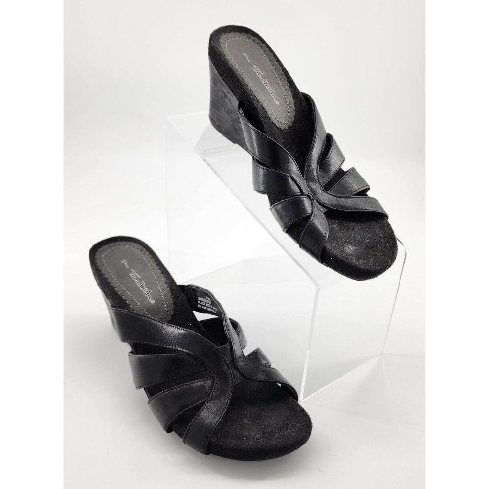 Thom McAn Women's Wedge Slip On Comfort Sandals Black Leather Size 7‎